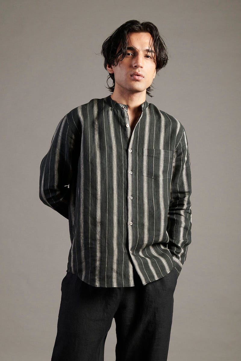 Dhaari Linen Band Collar Shirt - Sale