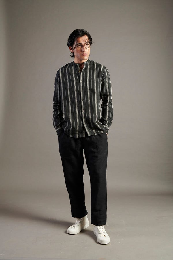 Saphed — Dhaari Linen Band Collar Shirt - Sale