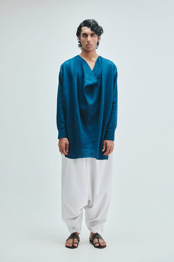 Saphed — Indigo Linen Men's Cowl Neck Kurta