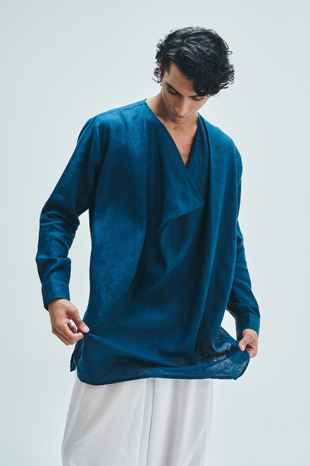 Indigo Linen Men's Cowl Neck Kurta - image 7