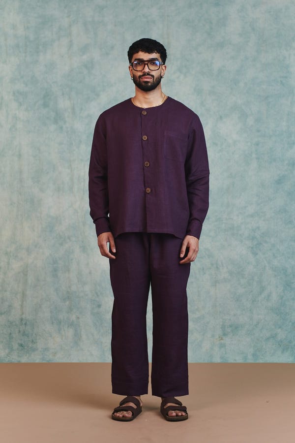 Saphed — Plum Linen Men's Round Neck Shirt Set