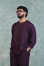 Plum Linen Men's Round Neck Shirt Set view 2