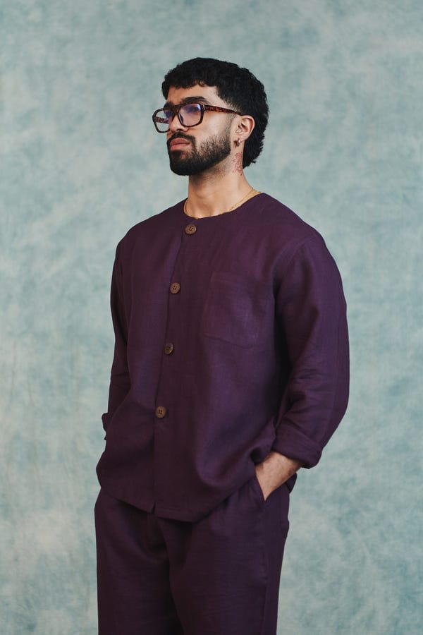 Saphed — Plum Linen Men's Round Neck Shirt Set
