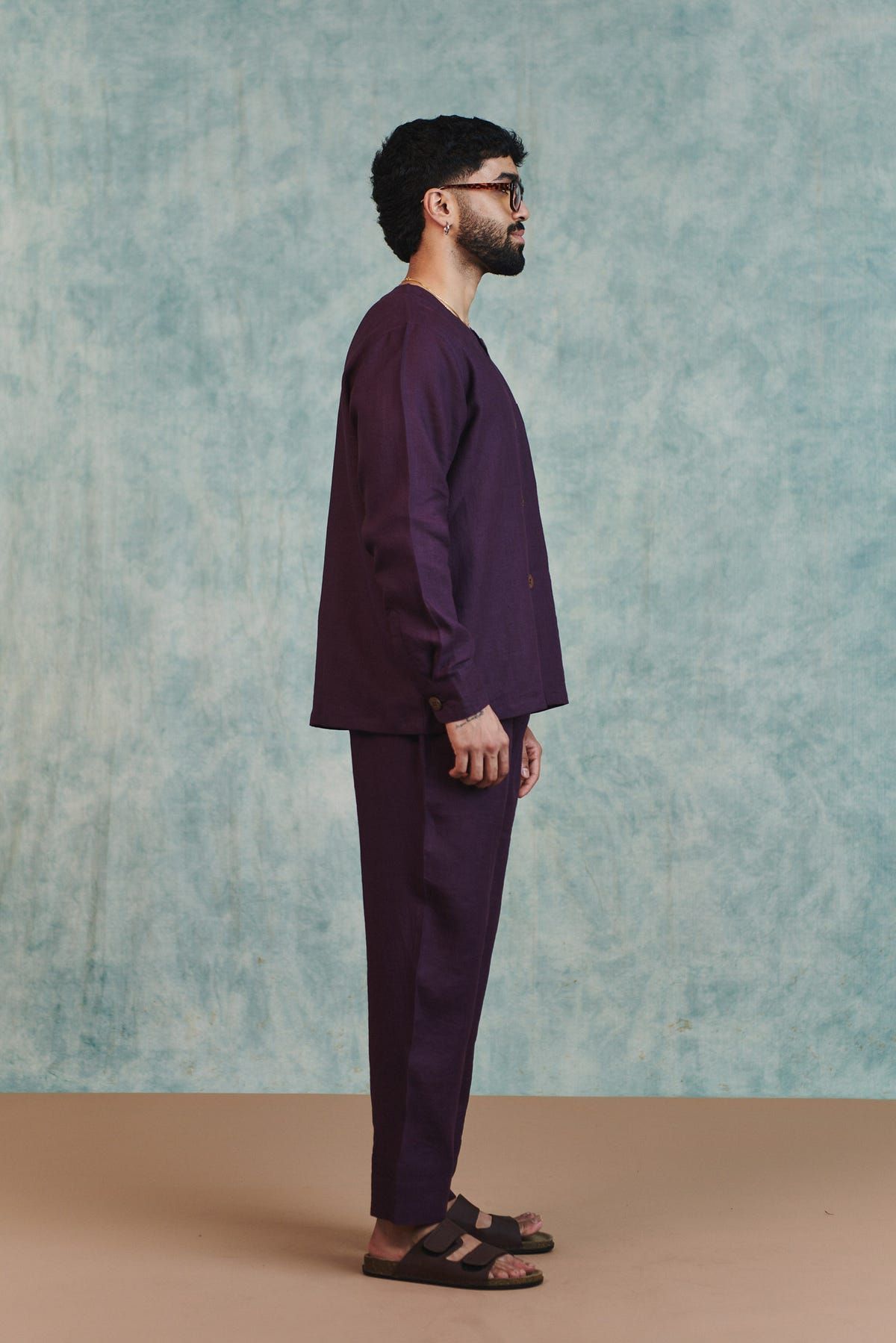 Plum Linen Men's Round Neck Shirt Set - image 4