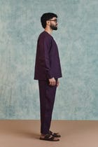 Plum Linen Men's Round Neck Shirt Set view 4
