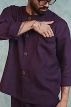 Plum Linen Men's Round Neck Shirt Set view 6
