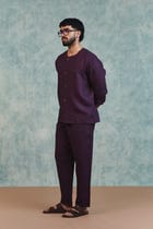 Plum Linen Men's Round Neck Shirt Set view 8
