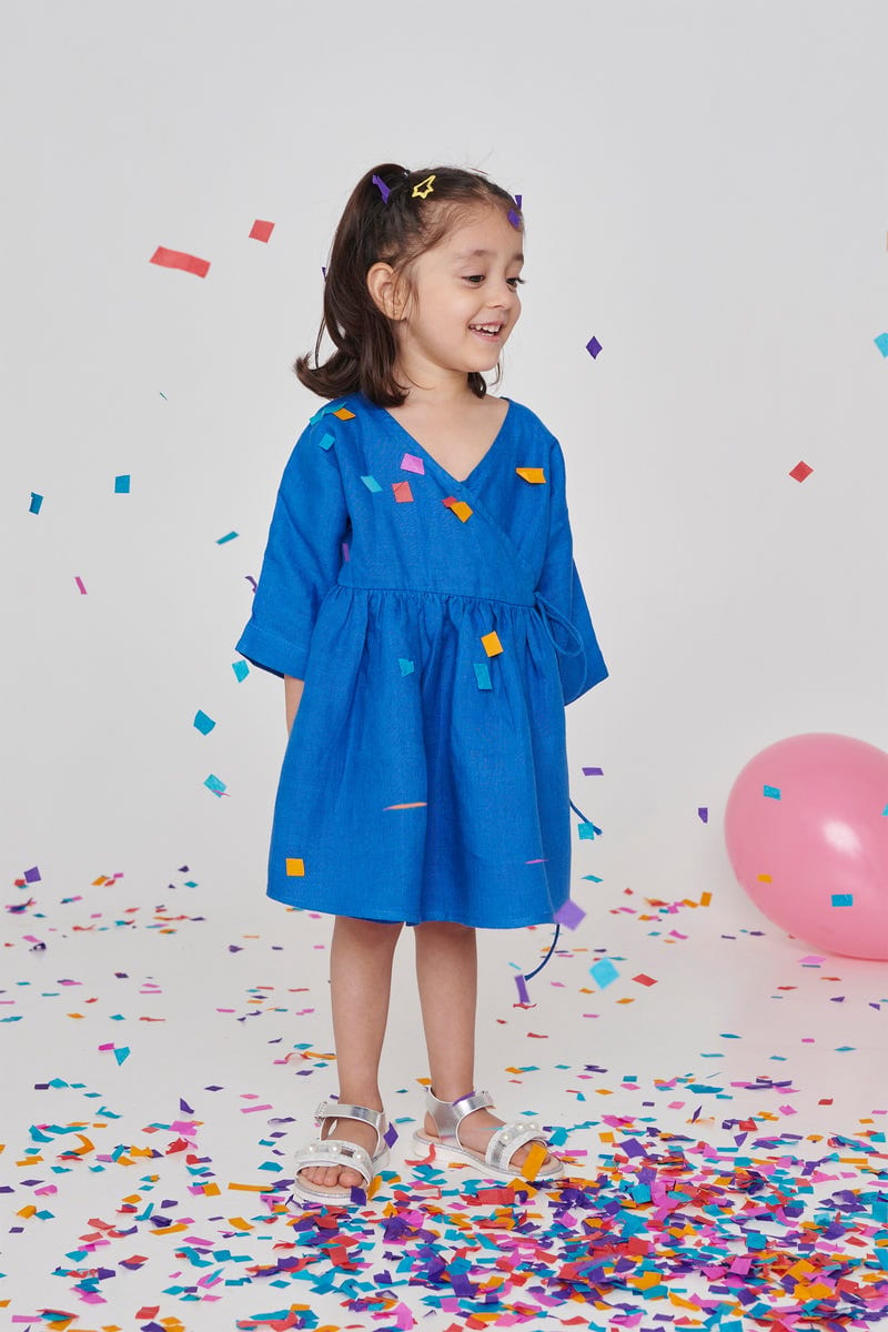 Santorini Linen Girls Wrap Tie Dress - Sale