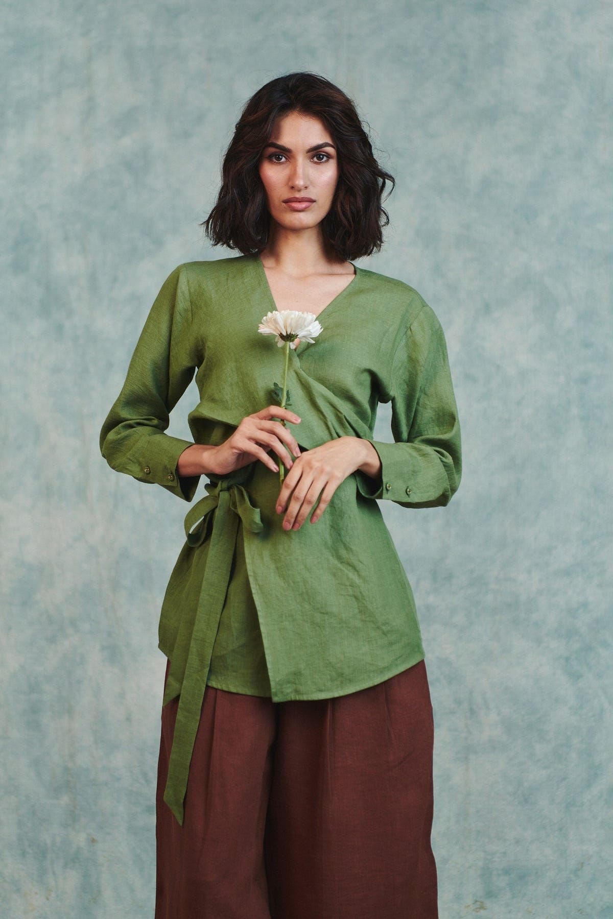 Moss Linen Wrap Top - Sale - image 1