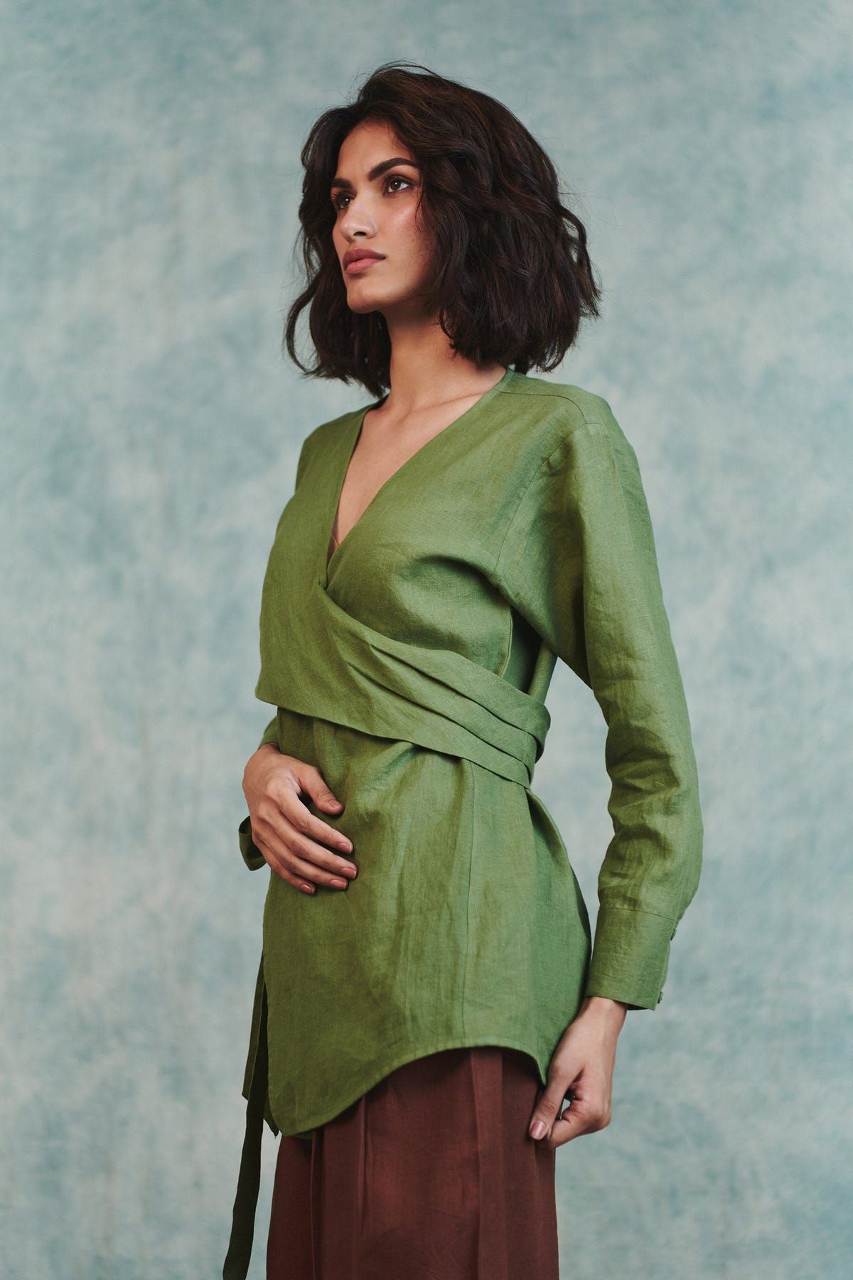 Moss Linen Wrap Top - Sale - image 3