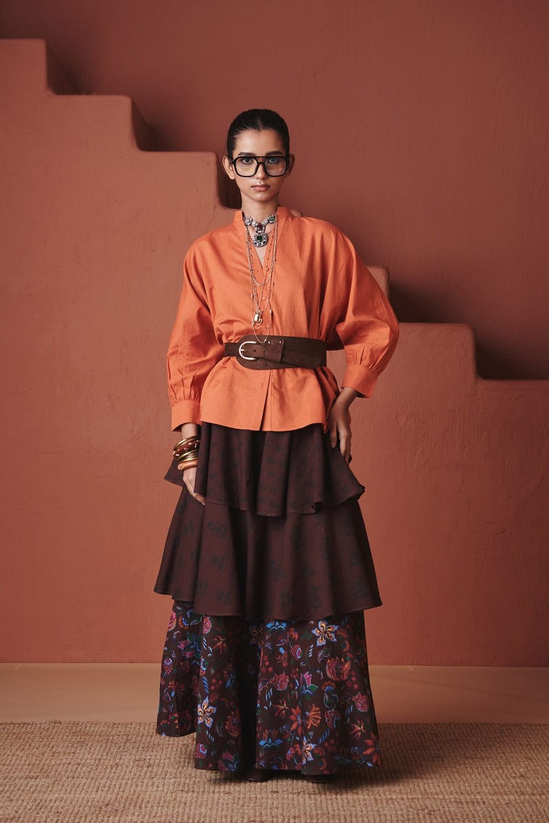 Coffee Chintz Co-Linen Tiered Skirt - Sale