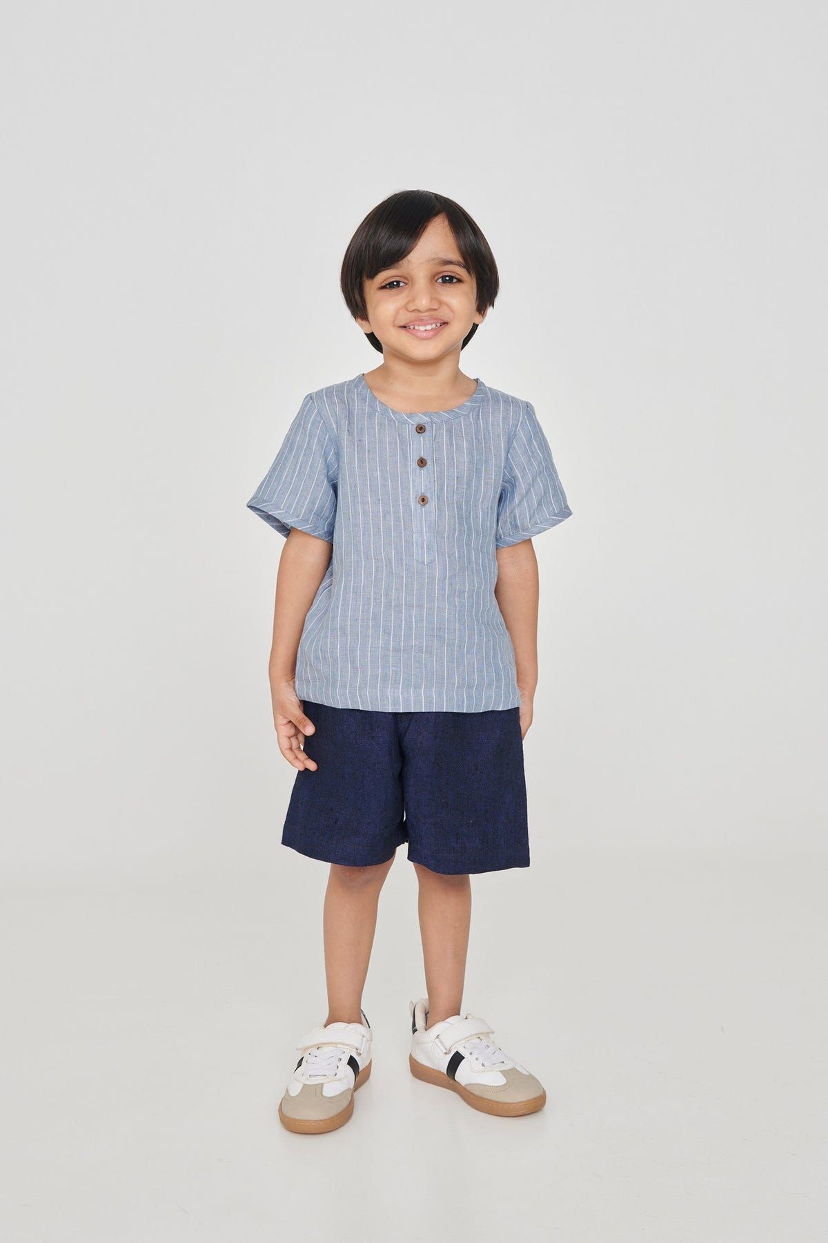 Sky Pinstripe Linen Boys Round Neck Shirt - Sale - image 1