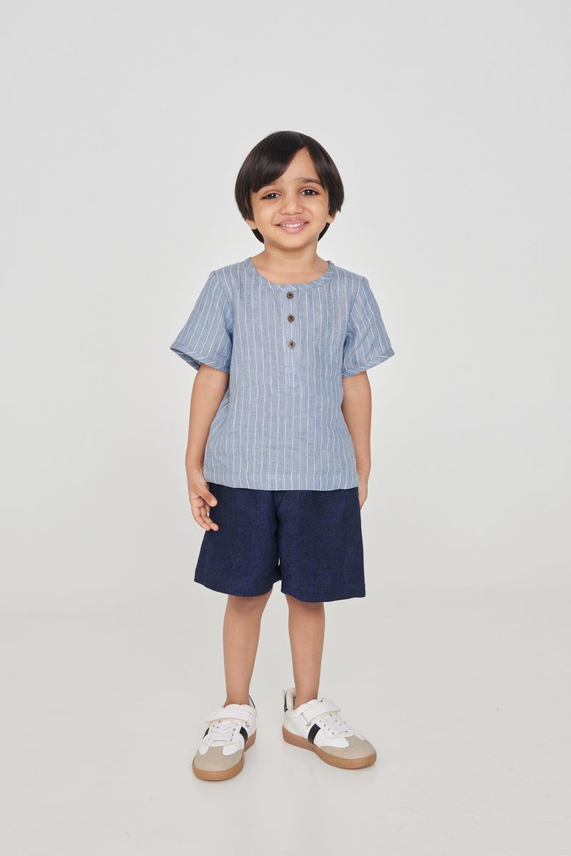 Sky Pinstripe Linen Boys Round Neck Shirt - Sale