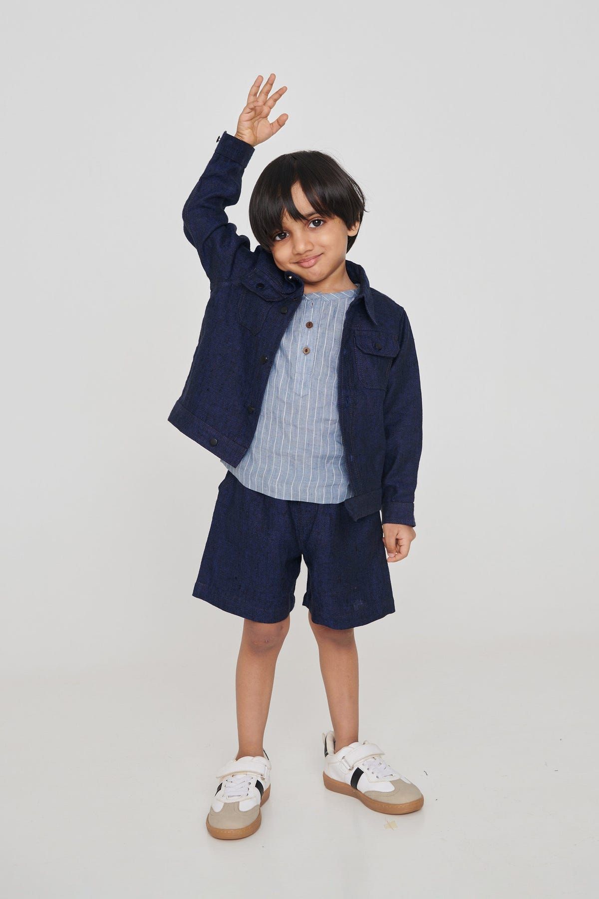 Sky Pinstripe Linen Boys Round Neck Shirt - Sale - image 2