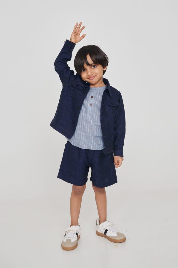 Saphed — Sky Pinstripe Linen Boys Round Neck Shirt - Sale