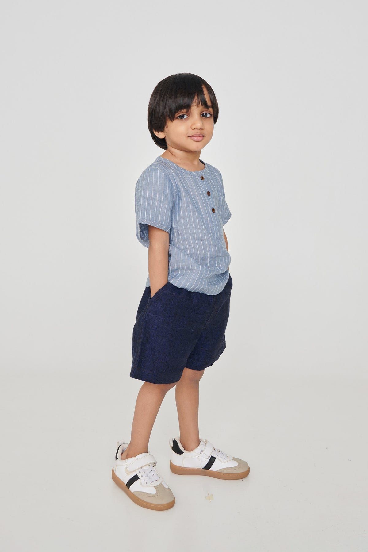 Sky Pinstripe Linen Boys Round Neck Shirt - Sale - image 3