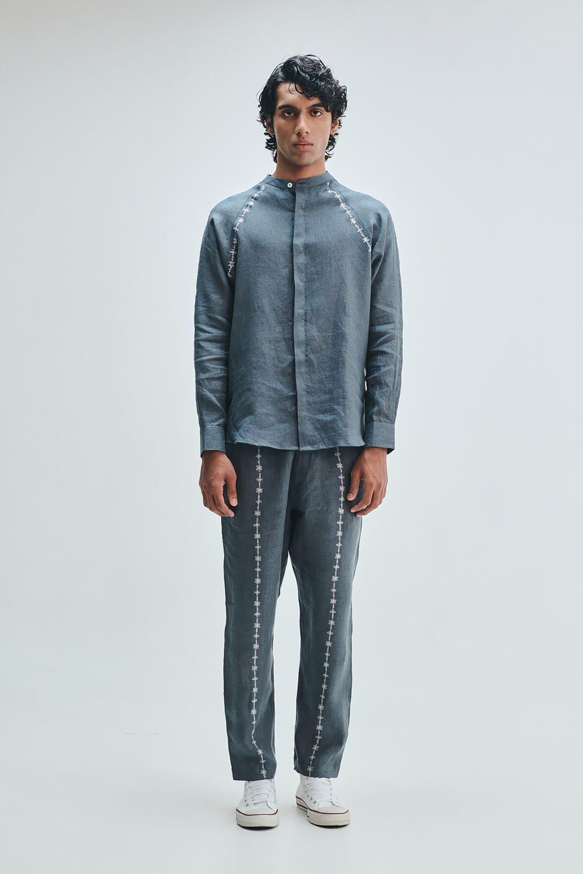 Slate Linen Embroidered Men's Raglan Shirt Set - image 1