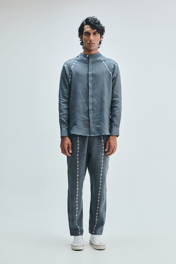Saphed — Slate Linen Embroidered Men's Raglan Shirt Set