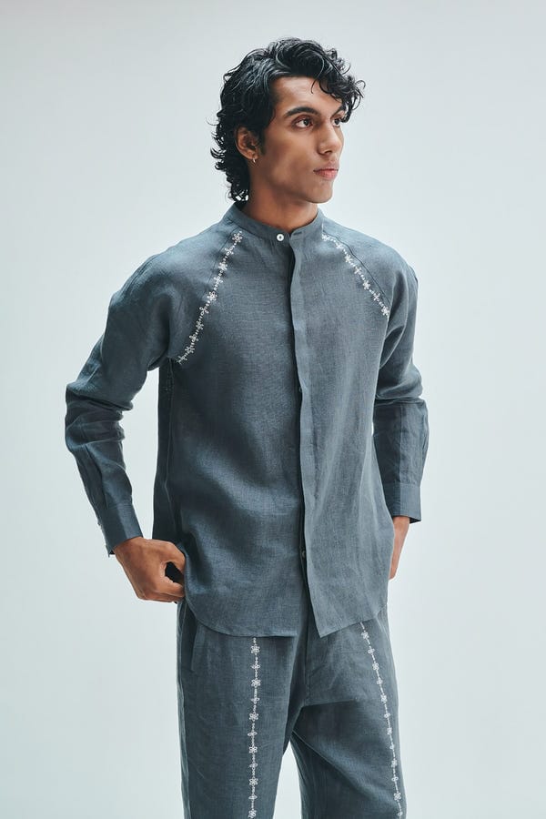 Saphed — Slate Linen Embroidered Men's Raglan Shirt Set