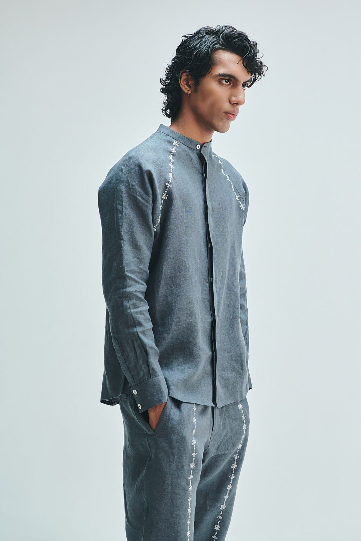 Slate Linen Embroidered Men's Raglan Shirt Set - image 9