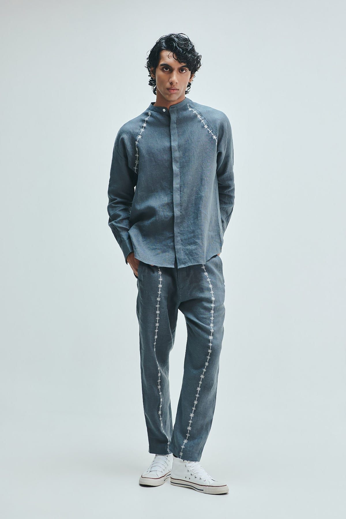 Slate Linen Embroidered Men's Raglan Shirt Set - image 10