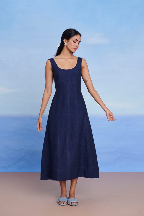 Saphed — Neel Linen Denim Panelled Dress