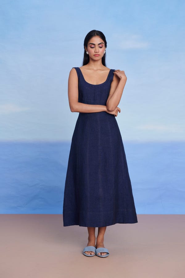 Saphed — Neel Linen Denim Panelled Dress