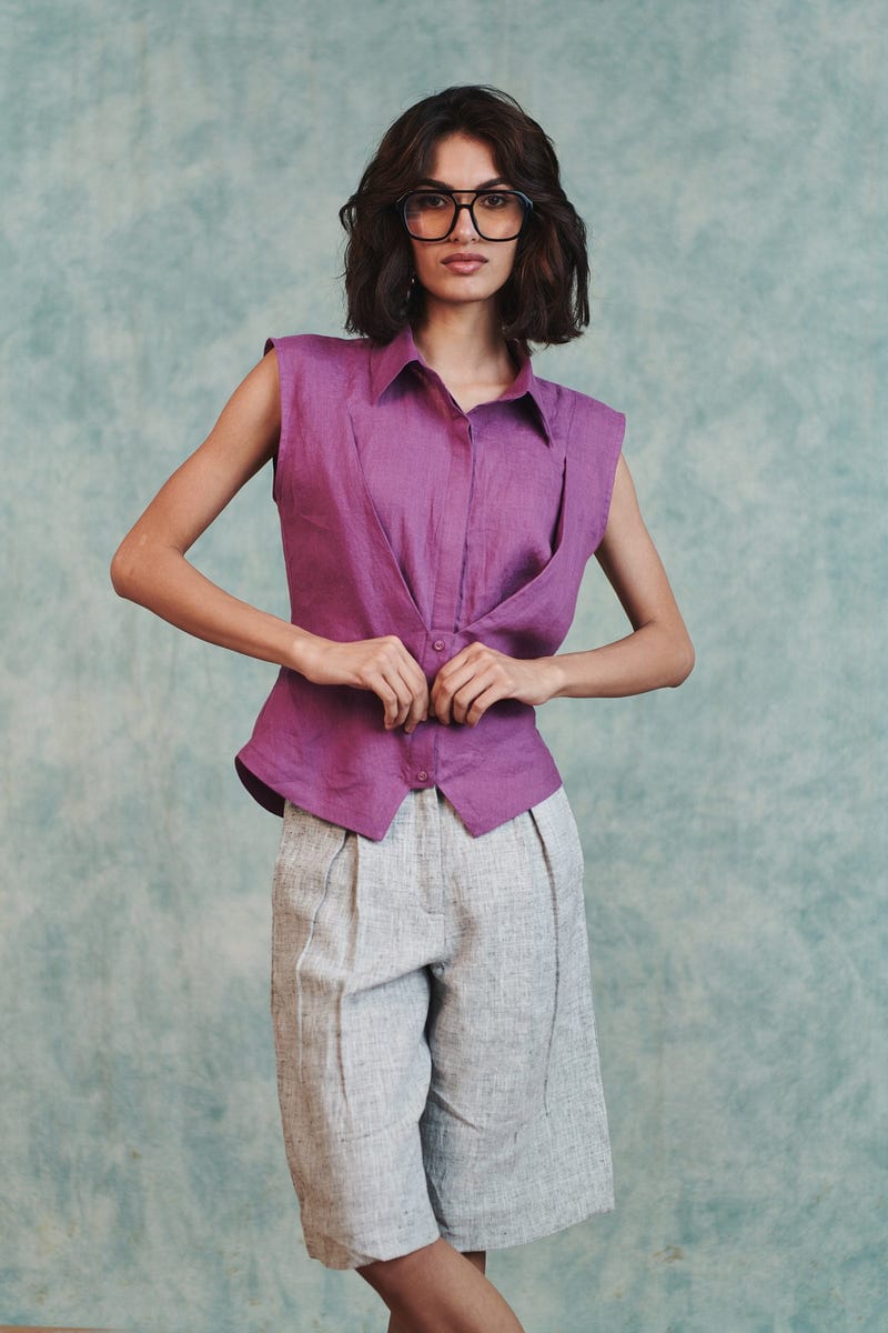 Berry Linen Sleeveless Double Placket Top - Sale