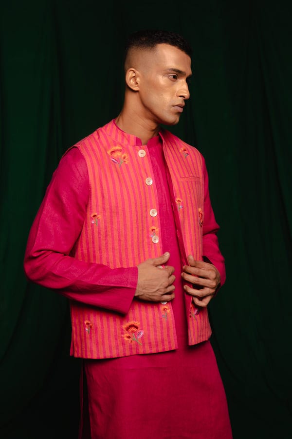 Saphed — Coral Linen Nehru Jacket - Sale