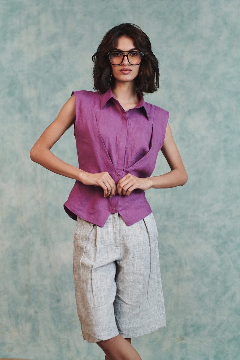 Berry Linen Sleeveless Double Placket Top