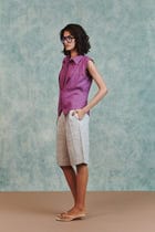 Berry Linen Sleeveless Double Placket Top view 5