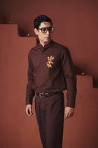 Coffee Co-Linen Men's Band Collar Shirt – Slim Fit view 1