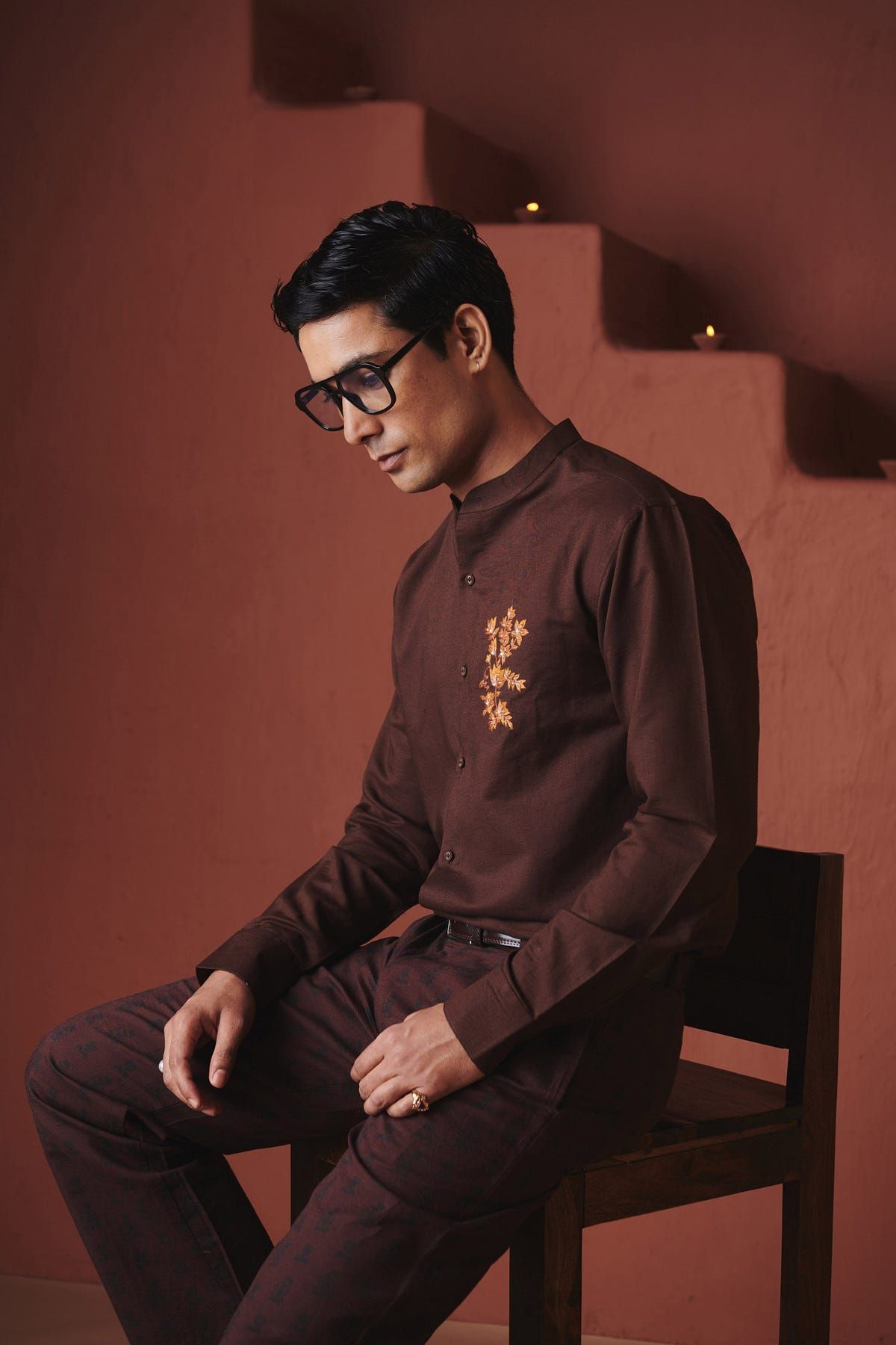 Coffee Co-Linen Men's Band Collar Shirt – Slim Fit - image 3