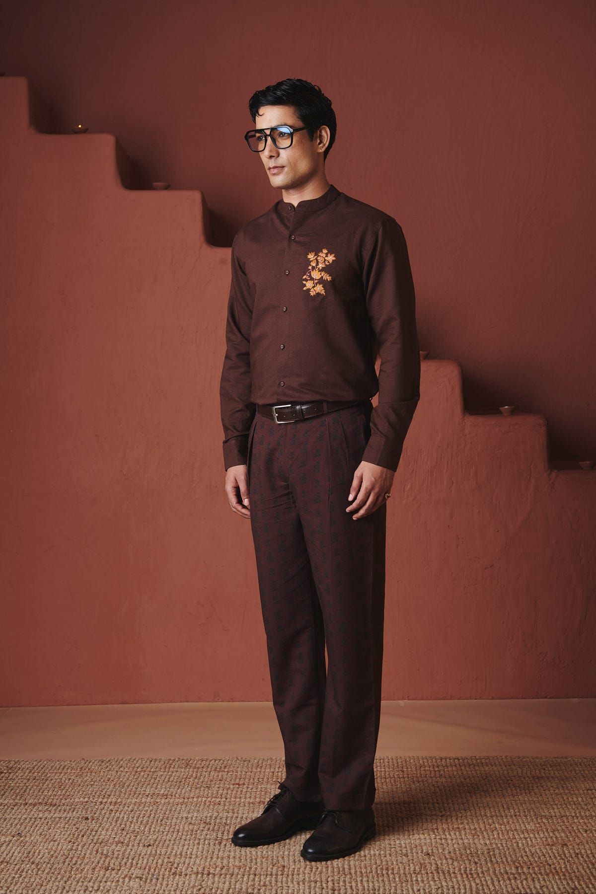 Coffee Co-Linen Men's Band Collar Shirt – Slim Fit - image 4
