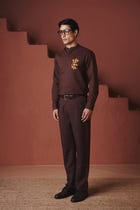 Coffee Co-Linen Men's Band Collar Shirt – Slim Fit view 4