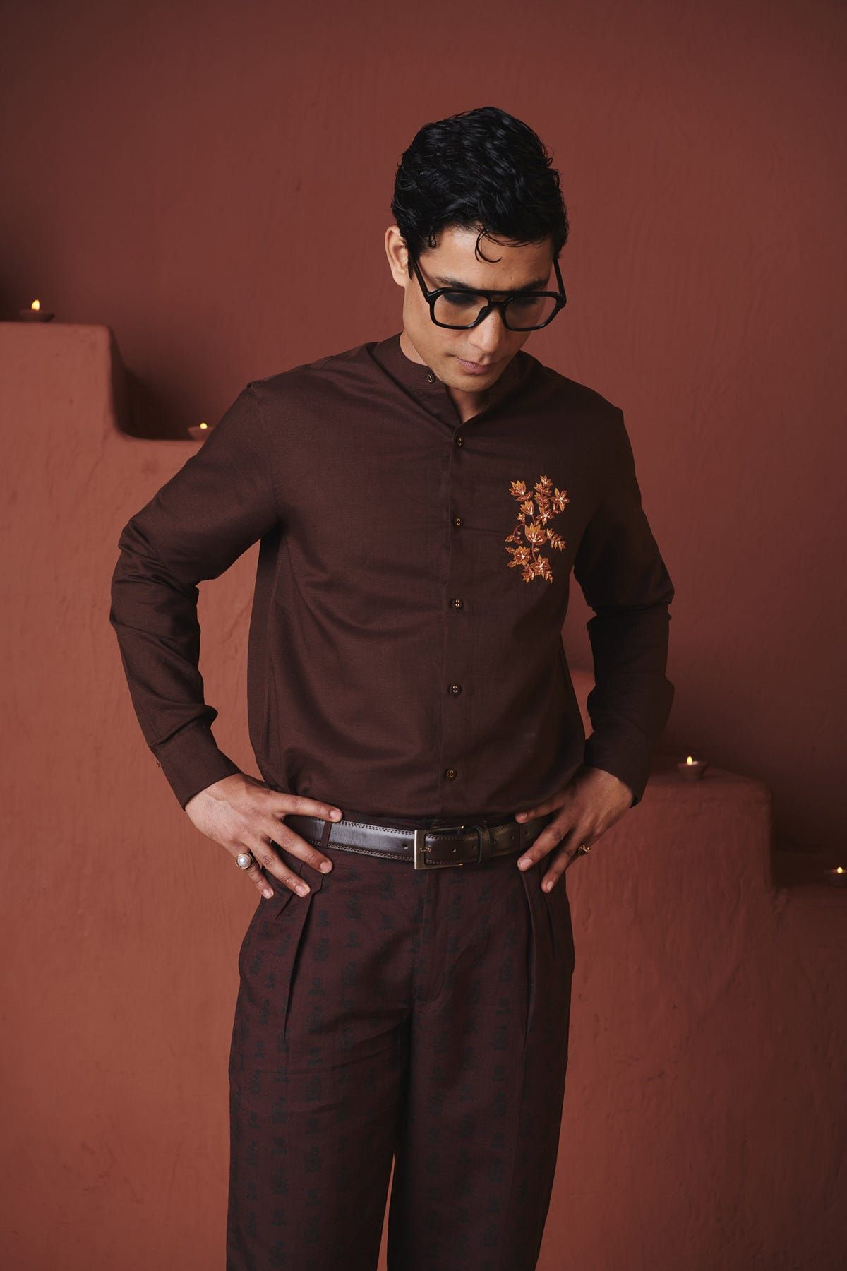 Coffee Co-Linen Men's Band Collar Shirt – Slim Fit - image 5