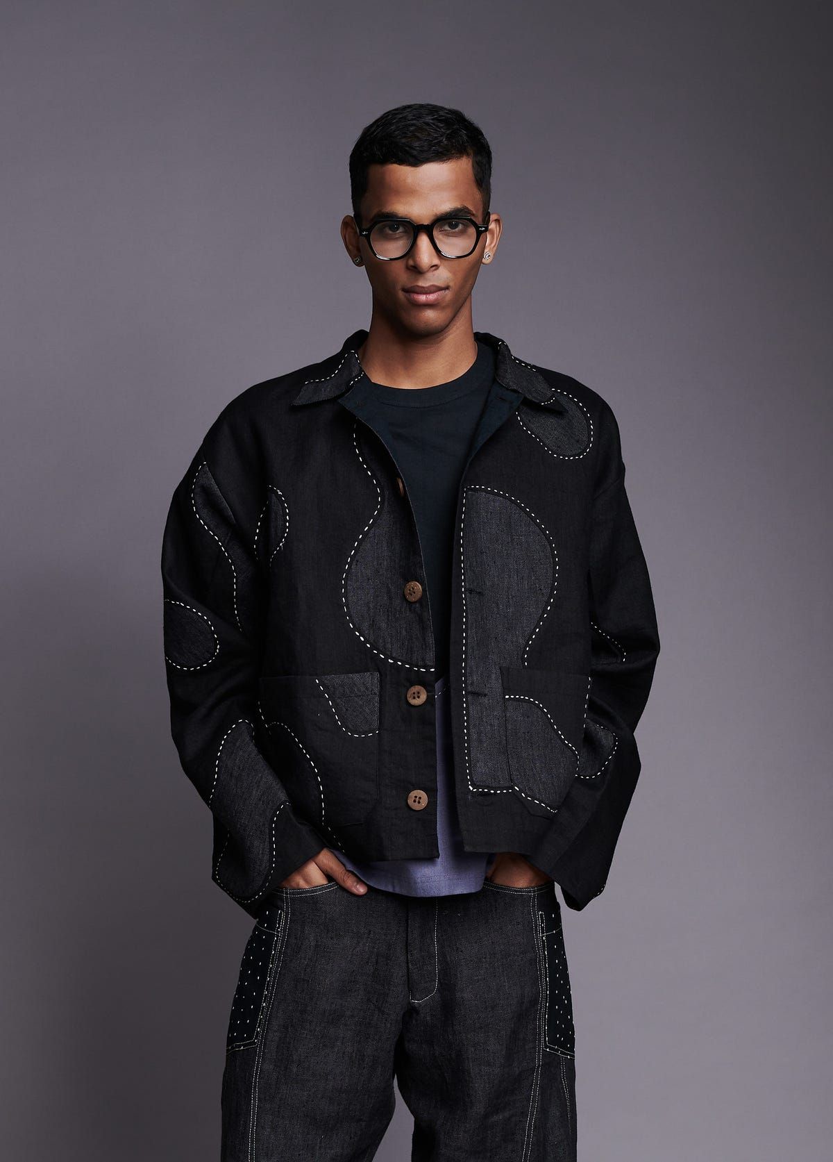 Linen Kantha Men's Applique Jacket Set - image 9