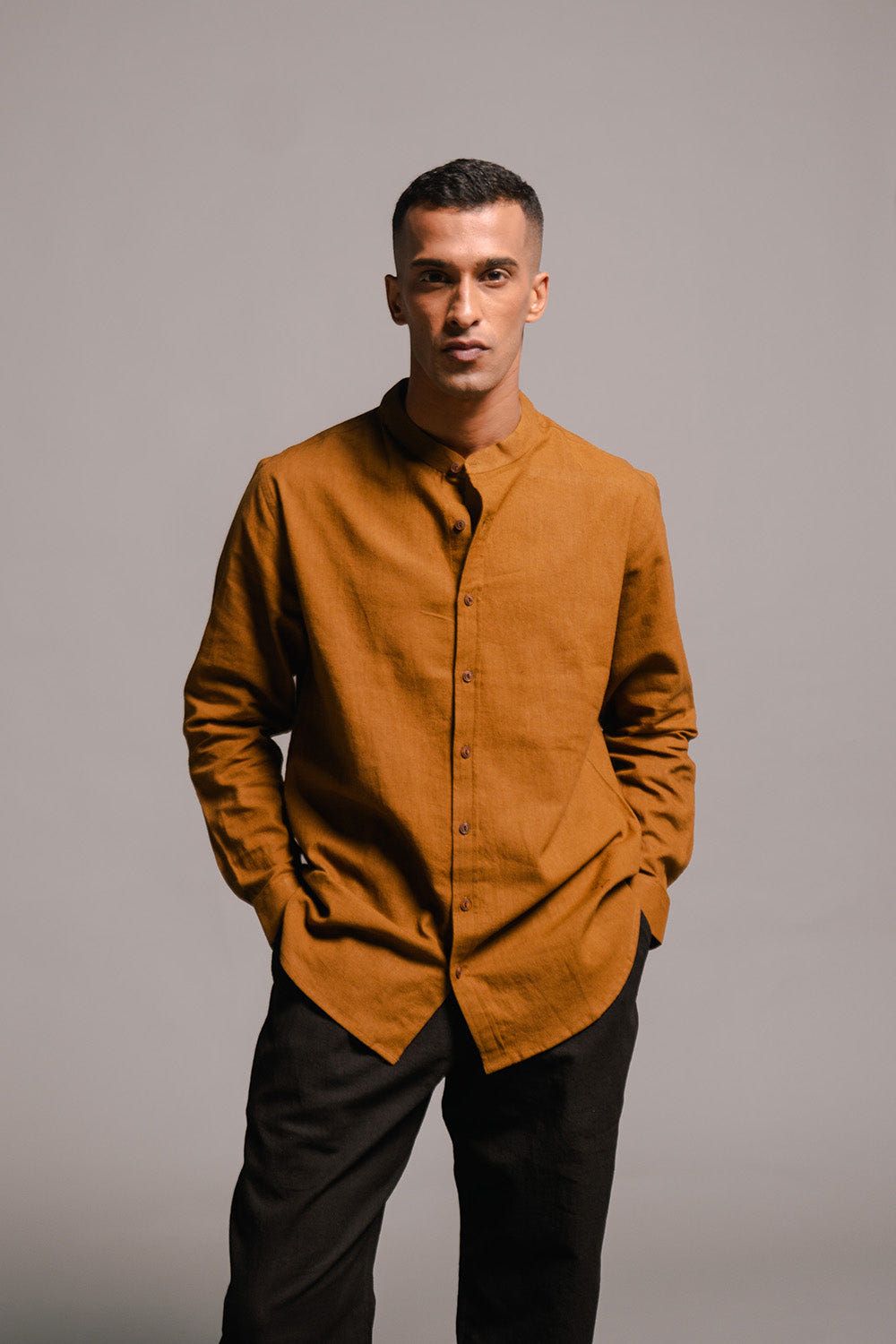 Olive Co-Linen Men's Band Collar Shirt - Sale - image 1