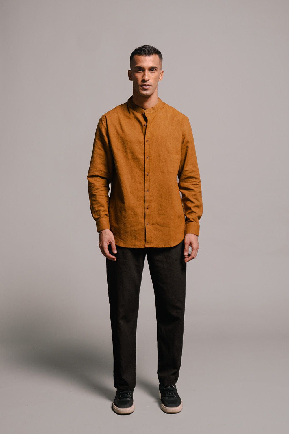Olive Co-Linen Men's Band Collar Shirt - Sale - image 2