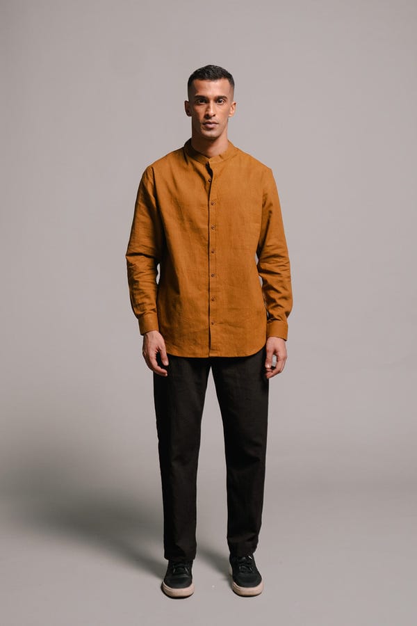 Saphed — Olive Co-Linen Men's Band Collar Shirt - Sale