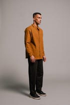 Olive Co-Linen Men's Band Collar Shirt - Sale view 3
