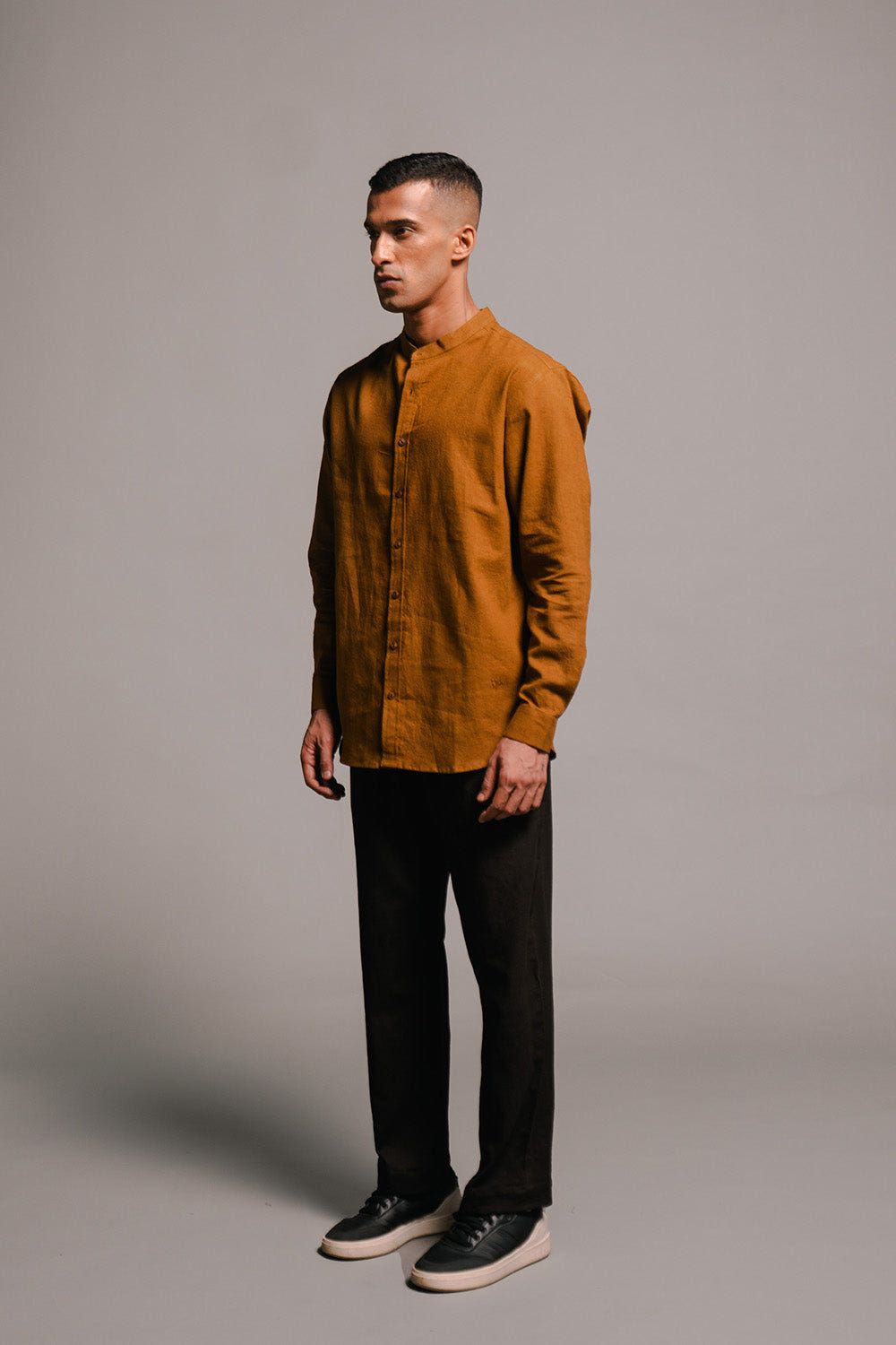 Olive Co-Linen Men's Band Collar Shirt - Sale - image 5
