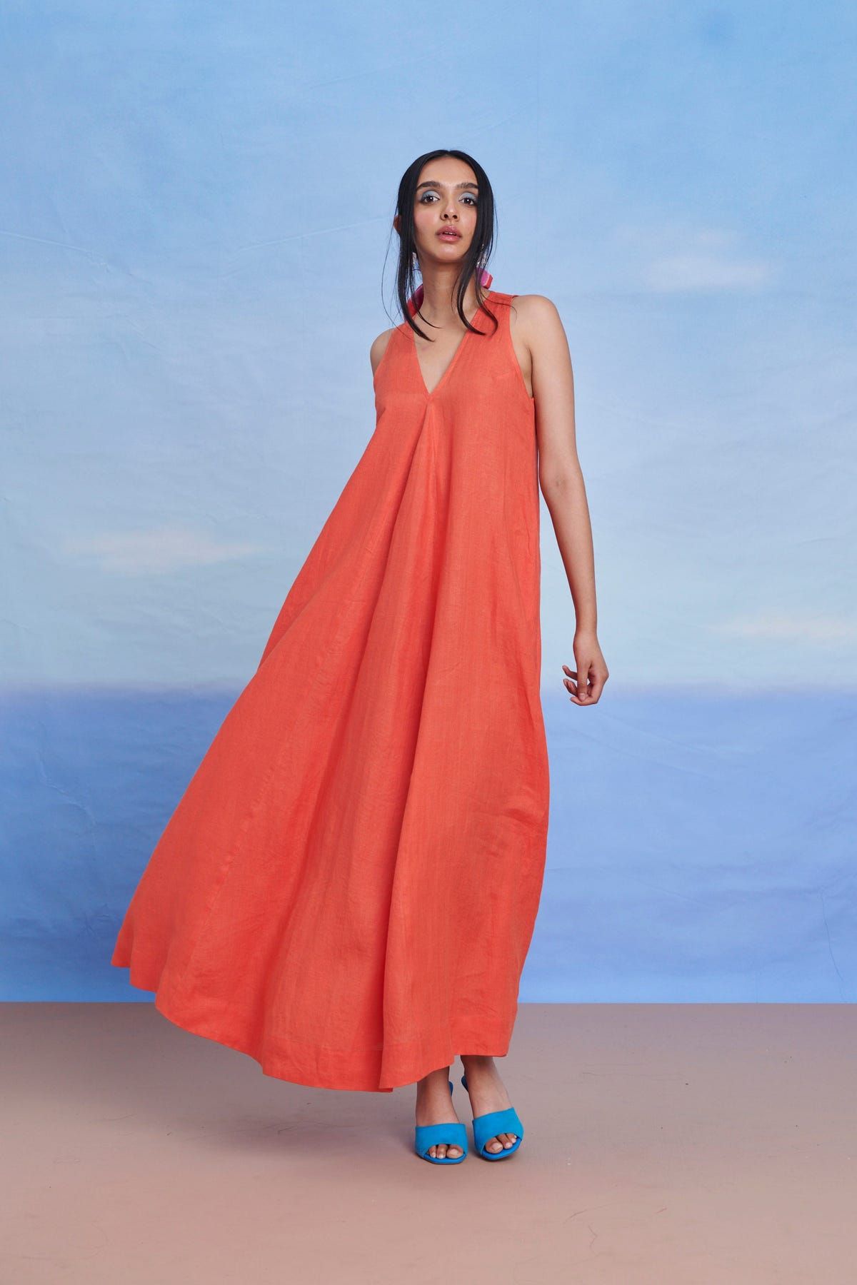 Tangerine Linen Flared Dress - Sale - image 2