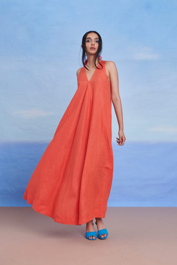 Saphed — Tangerine Linen Flared Dress - Sale