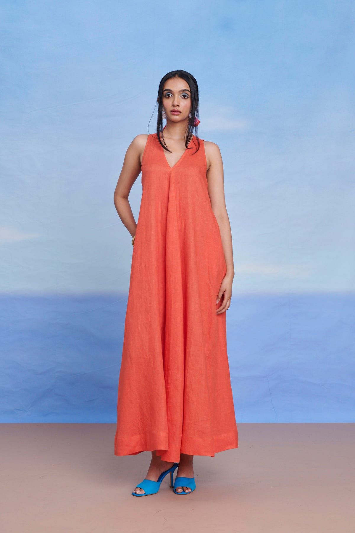 Tangerine Linen Flared Dress - Sale - image 4