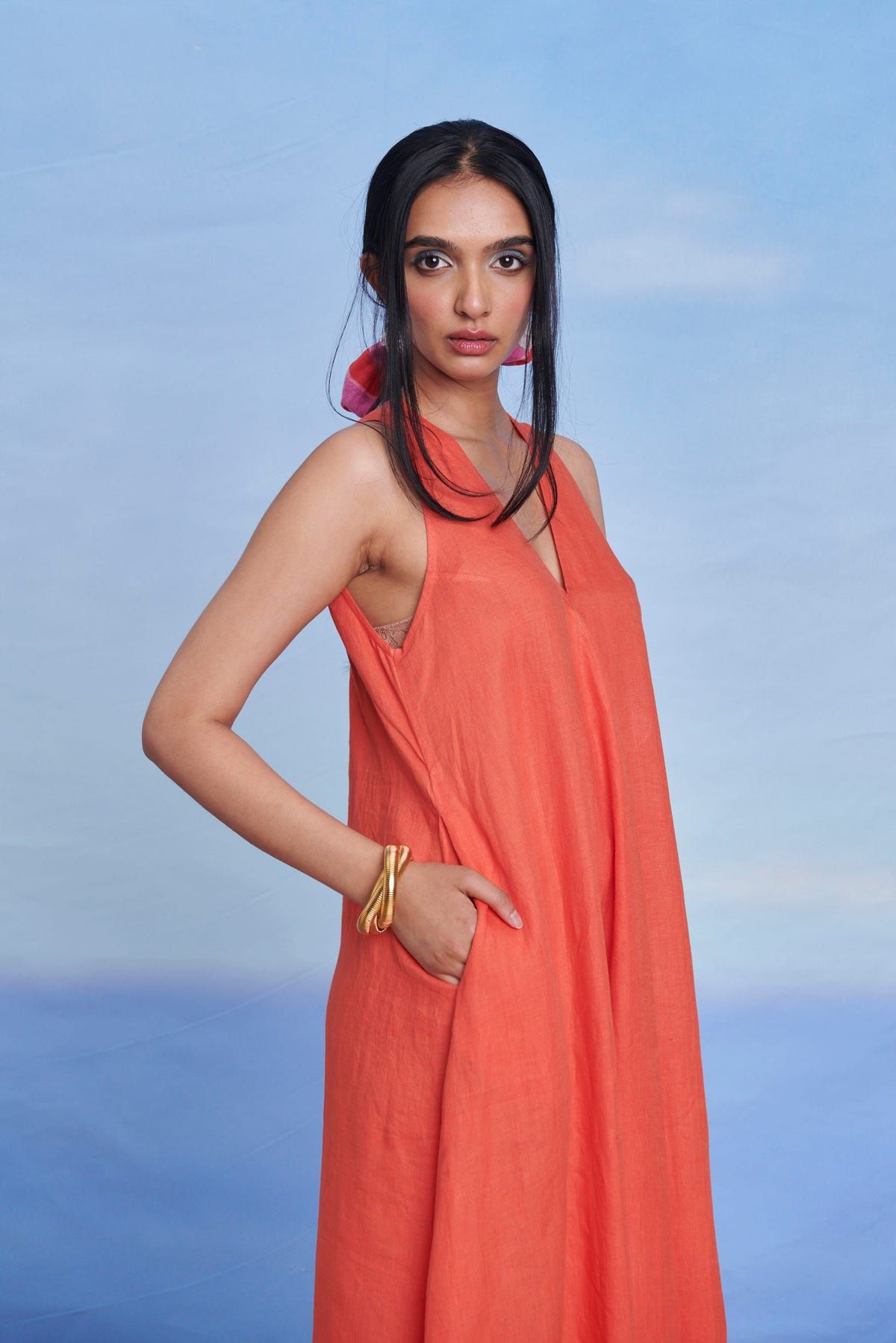 Tangerine Linen Flared Dress - Sale - image 9