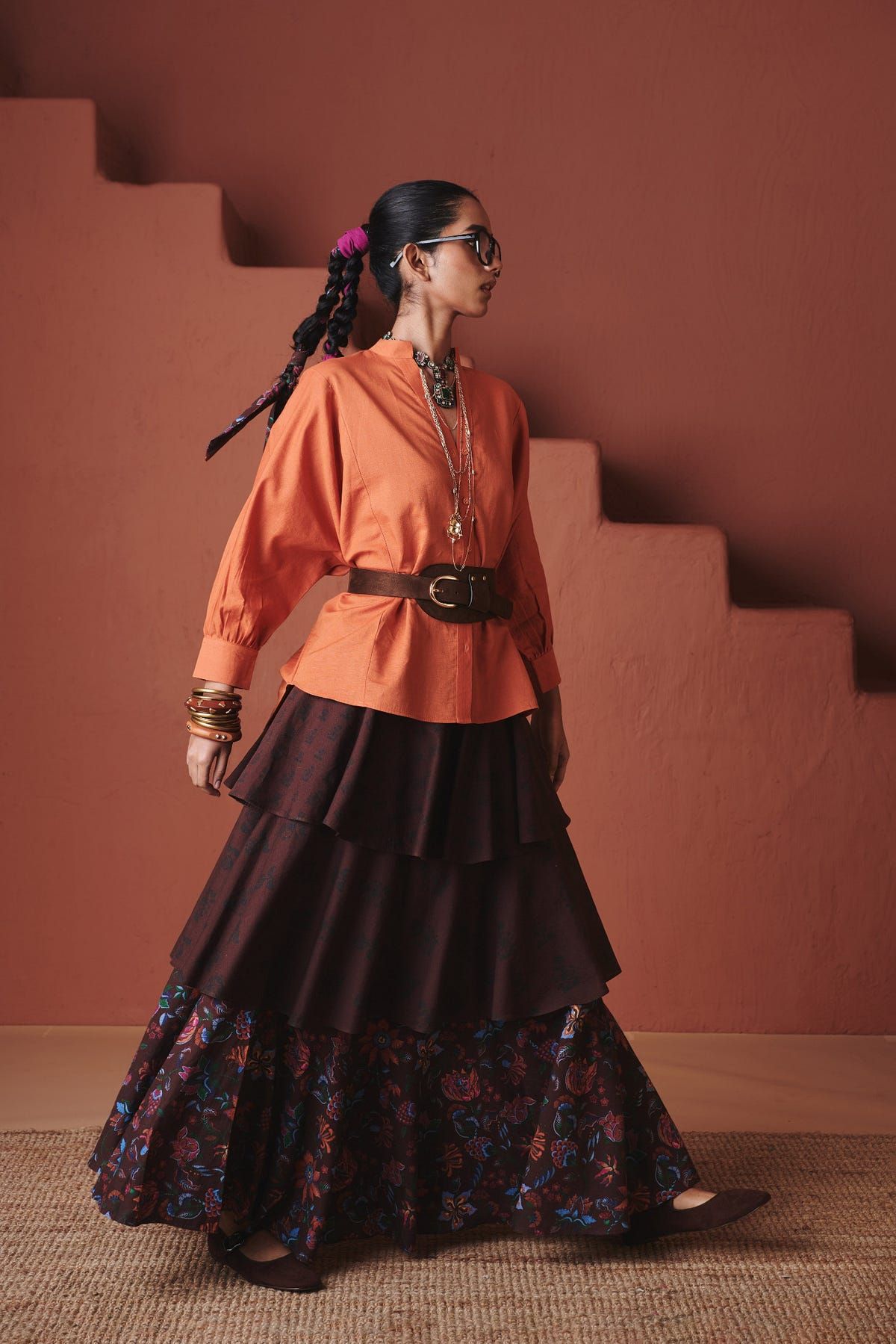 Coffee Chintz Co-Linen Tiered Skirt - image 2