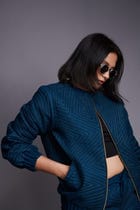 Indigo Linen Unisex Quilted Bomber Jacket view 4