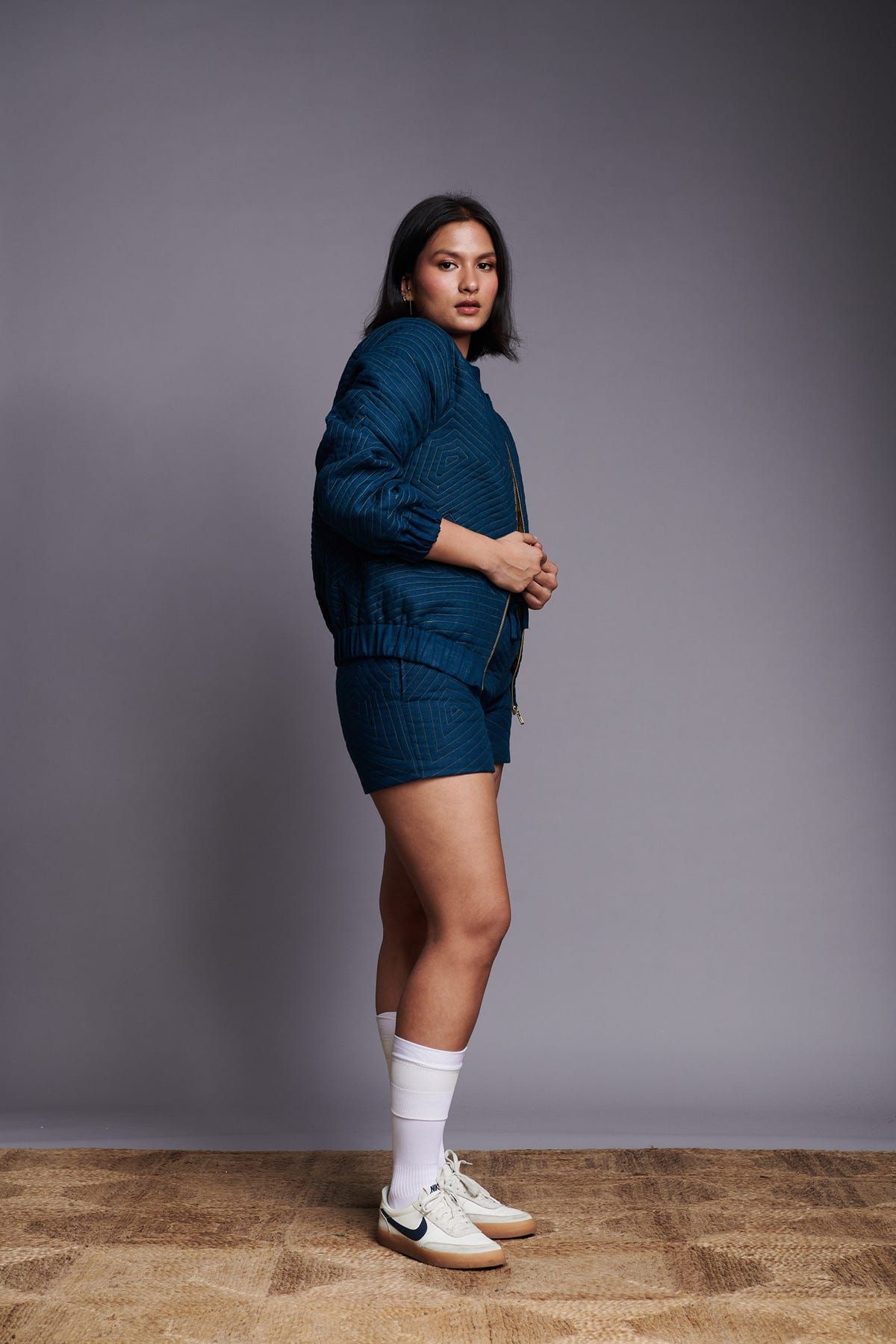Indigo Linen Unisex Quilted Bomber Jacket - image 6