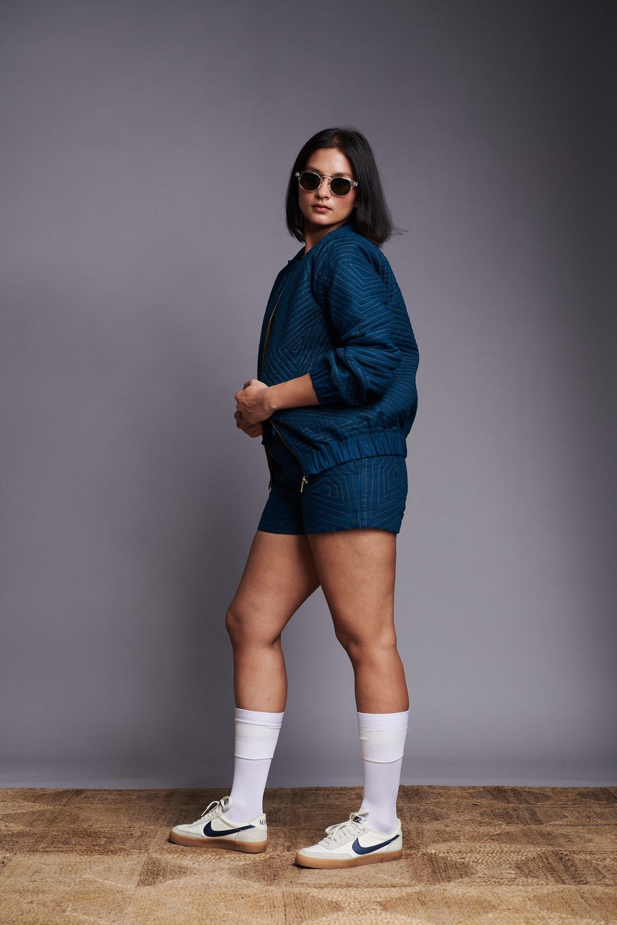 Indigo Linen Unisex Quilted Bomber Jacket - image 8